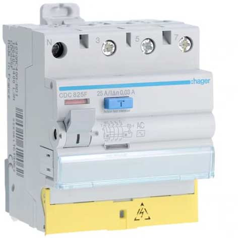 Interrupteur Différentiel 3P+N 25A 30 MA AC - Bornes Décalées - CDC825F - Hager