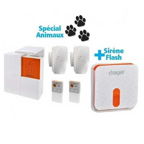 Pack alarme Sepio RLP305F de Hager avec 1 centrale, 2 détecteurs (spécial animaux), 2 télécommandes, 1 sirène extérieure