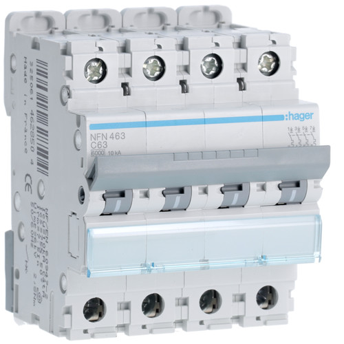Disjoncteur 4P - 6-10kA - 63A - 4 modules - Courbe C - NFN463 - Hager