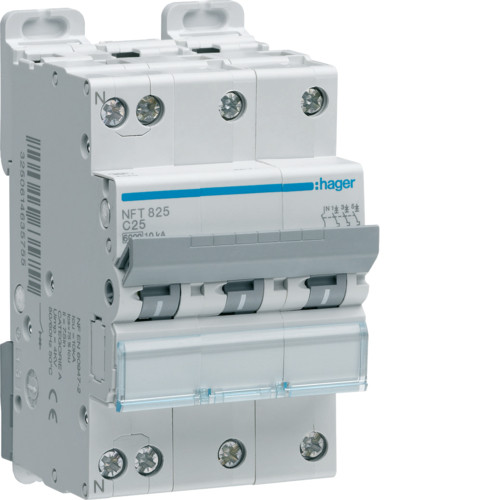 Disjoncteur 3P+N – 6-10kA – 10A – 3 modules – Courbe D – NGT810 – Hager