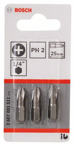 Lot de 3 embouts de vissage qualité extra-dure – L25mm – PH2 – 2607001511 – Bosch