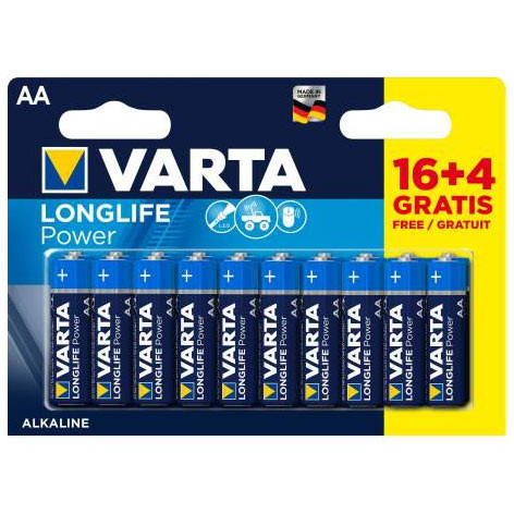 Pile alcaline LR06 (AA) Longlife Power 1.5 V - Blister de 14 + 6 offertes - 4906/20 - Varta