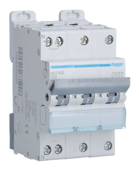 Disjoncteur 3P+N – 6-10kA – 32A – 3 modules – Courbe D – NGT832 – Hager