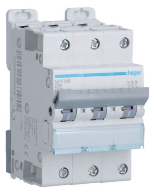 Disjoncteur 3P- sans neutre - 6-10kA - 16A - 3 modules - Courbe D - NGT316 - Hager