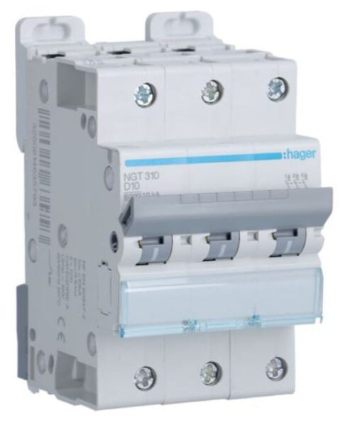 Disjoncteur 3P- sans neutre - 6-10kA - 10A - 3 modules - Courbe D - NGT310 - Hager