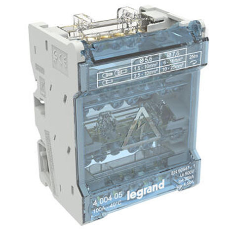 Répartiteur modulaire monobloc tétrapolaire à bornes 100A - 7 connexions - 4 modules - 400405 - Legrand