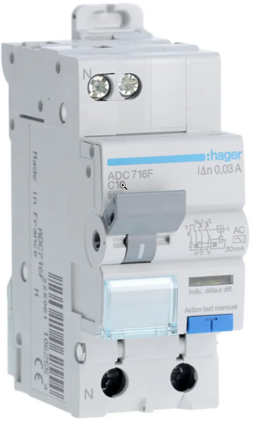 Disjoncteur différentiel -16A - Ph + N - courbe C - Type AC - Vis/Vis - ADC716F - Hager
