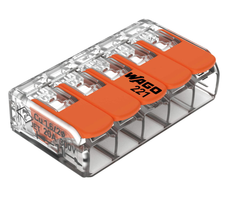 Boîte de 25 bornes WAGO 221 Mini 5x4mm² à leviers souple & rigide – 221-415 – Wago