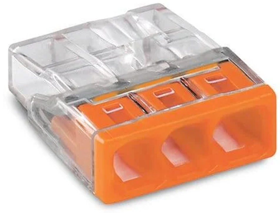 Boîte de 100 bornes WAGO 2273 – 3 x 0,5 à 2,5mm² Transp. / Orange – 2273-203 – Wago