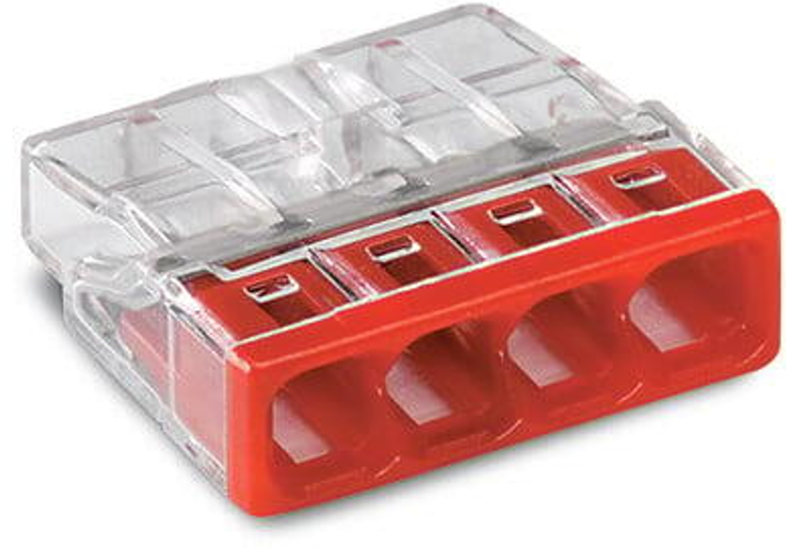 Boîte de 100 bornes WAGO 2273 – 4 x 0,5 à 2,5mm² Transp. / Rouge – 2273-204 – Wago