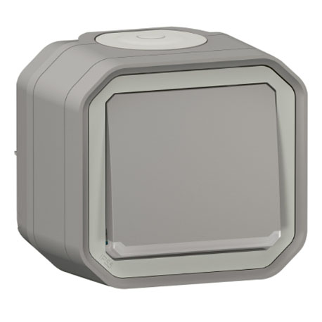 Poussoir lumineux NO étanche - Complet - En saillie - Gris - IP55 - 069722L - Plexo - Legrand