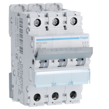 Disjoncteur 50A - 30mA - 3P - Courbe C - NFN350 - Hager